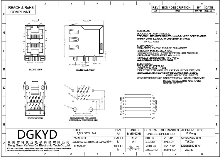 DGKYD59212188HWA1DY1CD022 RJ45 Multi Port Socket With Shielded Modular Interface
