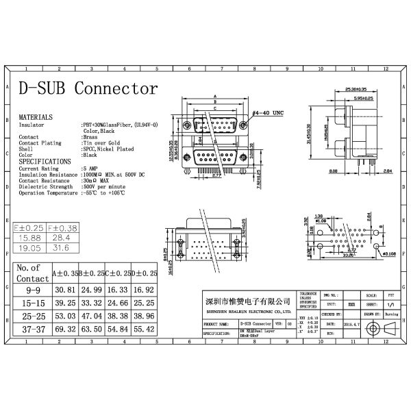 DR 25 Pin SPCC D Sub Connector 90 Degree Male To Female With Harpoon