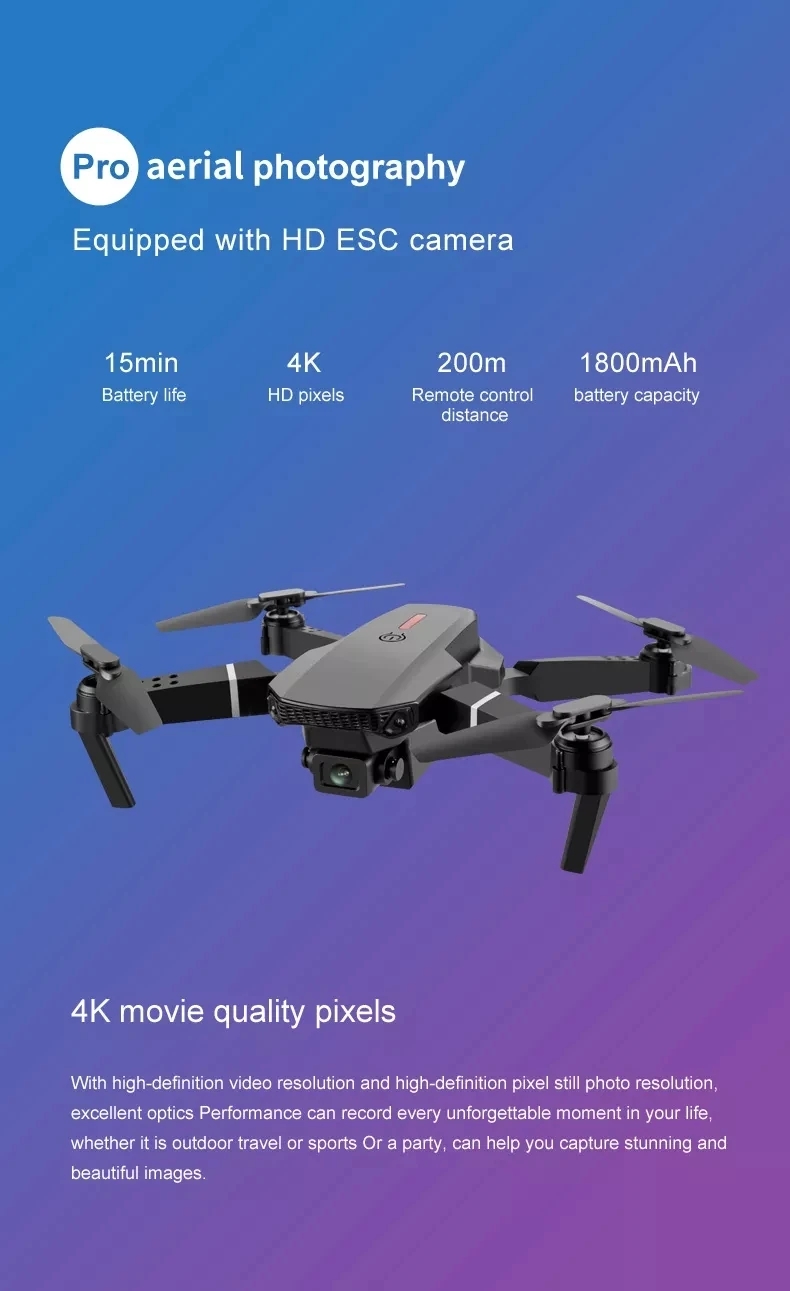 E88 Pro Aerial Drone Remote Controlled Airplane Toy Fixed Height Drones Quadcopter 4k Professional FPV Drone