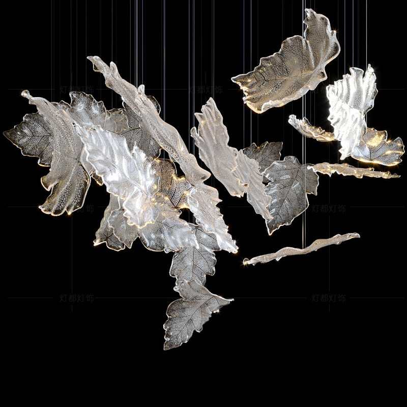 Hotel Lobby Maple Leaf Chandelier Engineered Custom Lighting Fixtures With Glass Hangings