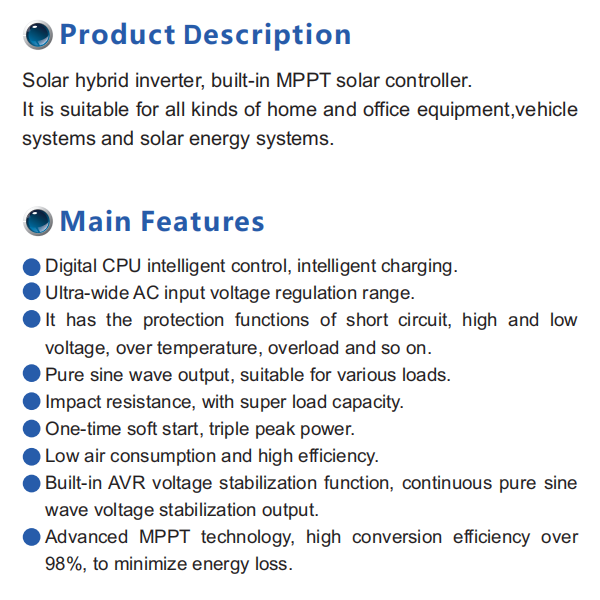 Grandglow Low Frequency Pure Sine Wave Solar Hybrid Inverter With Built-in MPPT Charger Controller