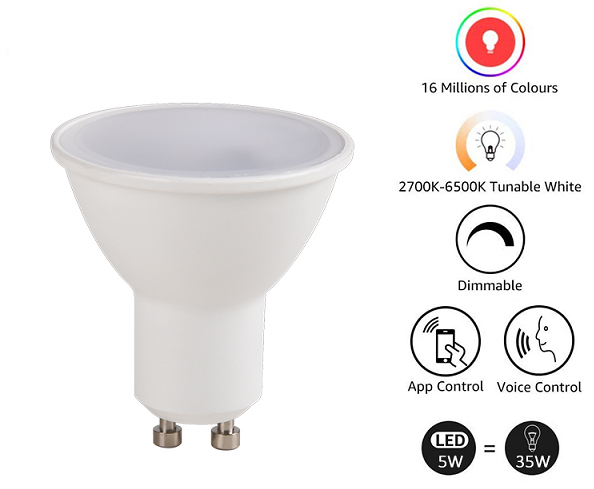 GU10 Smart LED Light Bulbs CCT RGB Voice Control Dimmable
