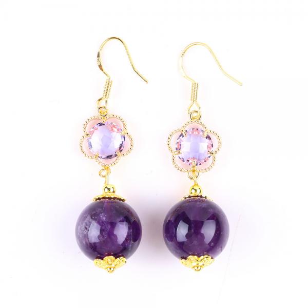 Quality Handmade Amethyst Natural Crystal 14MM Big Round Shape Beaded Short Dangle Earring For Jewelry Gift for sale