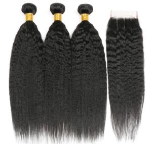 100g 8A Single Drawn Yaki Straight Human Hair Bundles With Closure Tangle Free