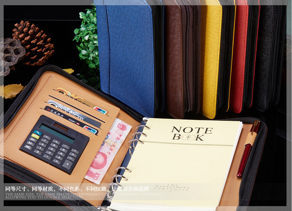 Pu Leather Manager folder notebook with zipper and Calculator