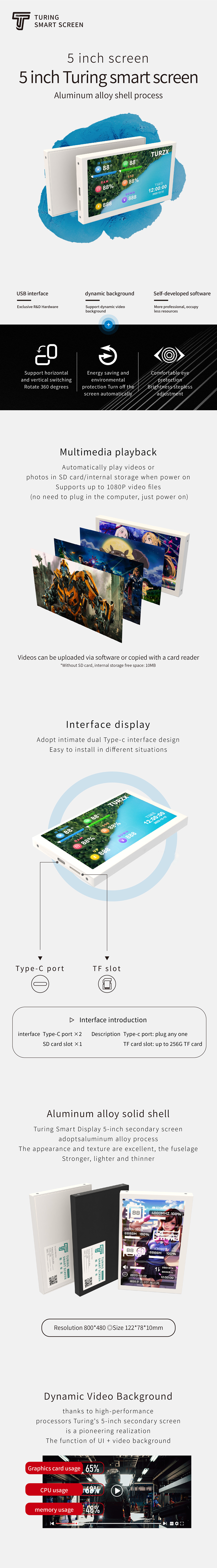 5.0 Inch IPS USB Secondary Monitor Type C Secondary Computer Monitor For AIDA64 800x480