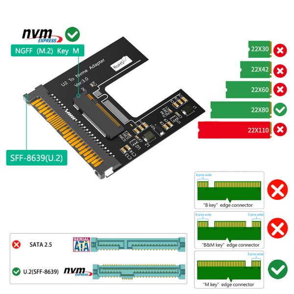 M.2 NVMe to U.2 SSD Adapter 100x70mm Black PCBA