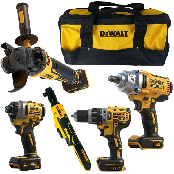 DEWALT XR 20V Brushless 5-in-1 Power Tool Set displayed with all components