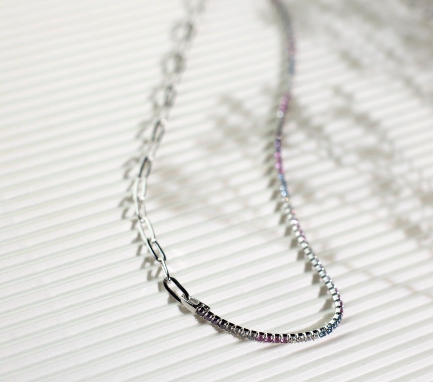 925 Sterling Silver Round Cut CZ Rainbow Collar Tennis Bracelet and Chain Necklace