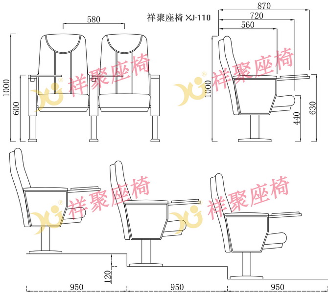 560mm Center Distance Fabric Cushion Padded Church Chairs For Meeting Room