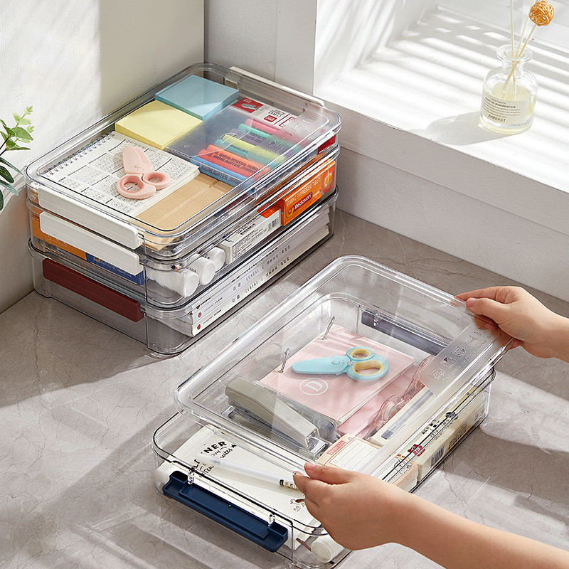 Clear A4 Document Storage Box with Wine Red Snap Tight Lid PET Files Documents Magazines Notebooks Box Organizer Holder Desk