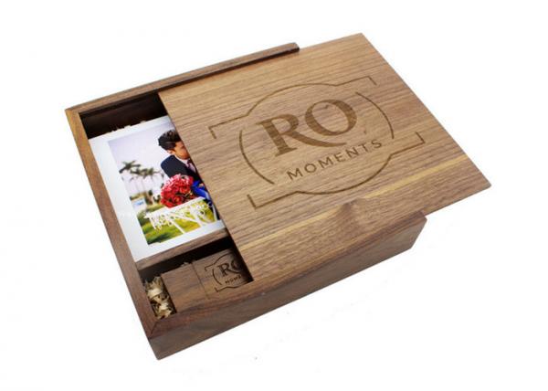 Quality Natural Color Walnut Wooden Photo Album Box With Sliding Lid Magnet Closure for sale