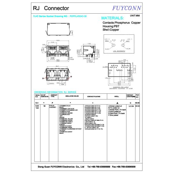 2 Ports 16 Pin PCB Right Angle Female RJ45 Connector With PBT Insulator