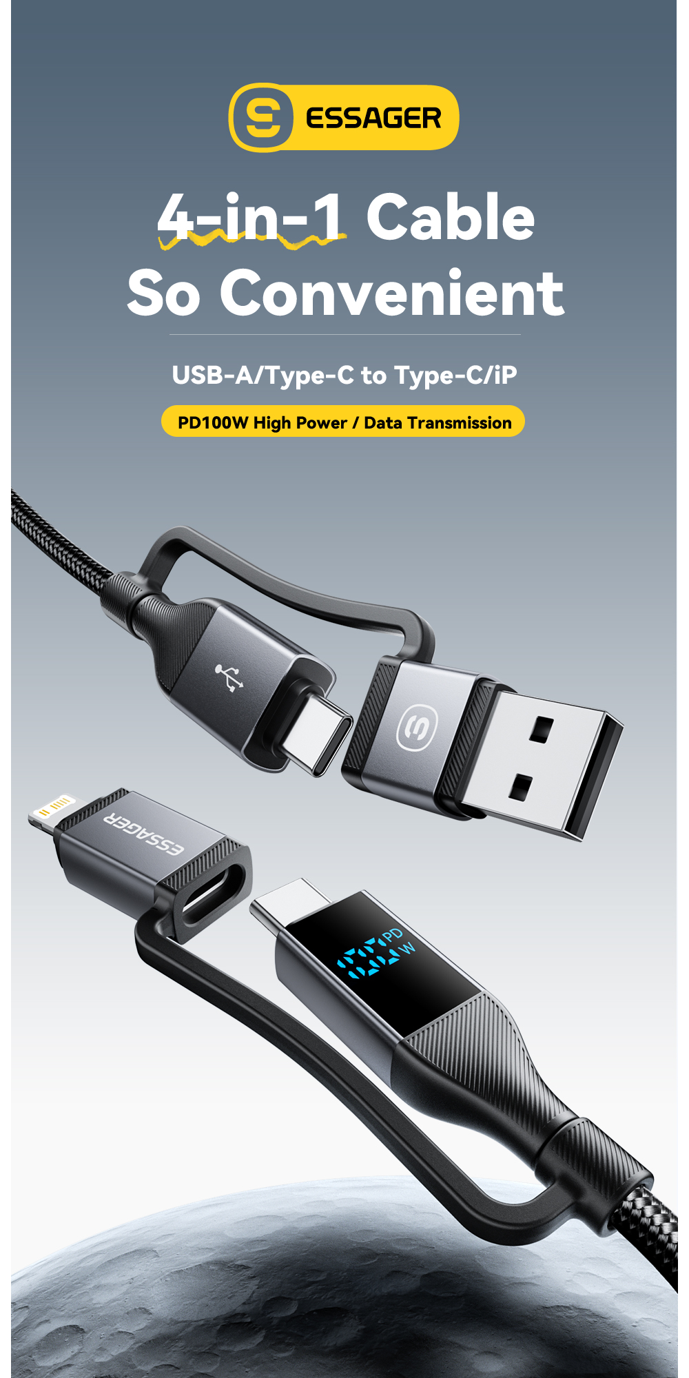 ESSAGER ES-X70 4 in 1 USB A/C to C/L Charging Data Cable PD and QC Charging for All Devices