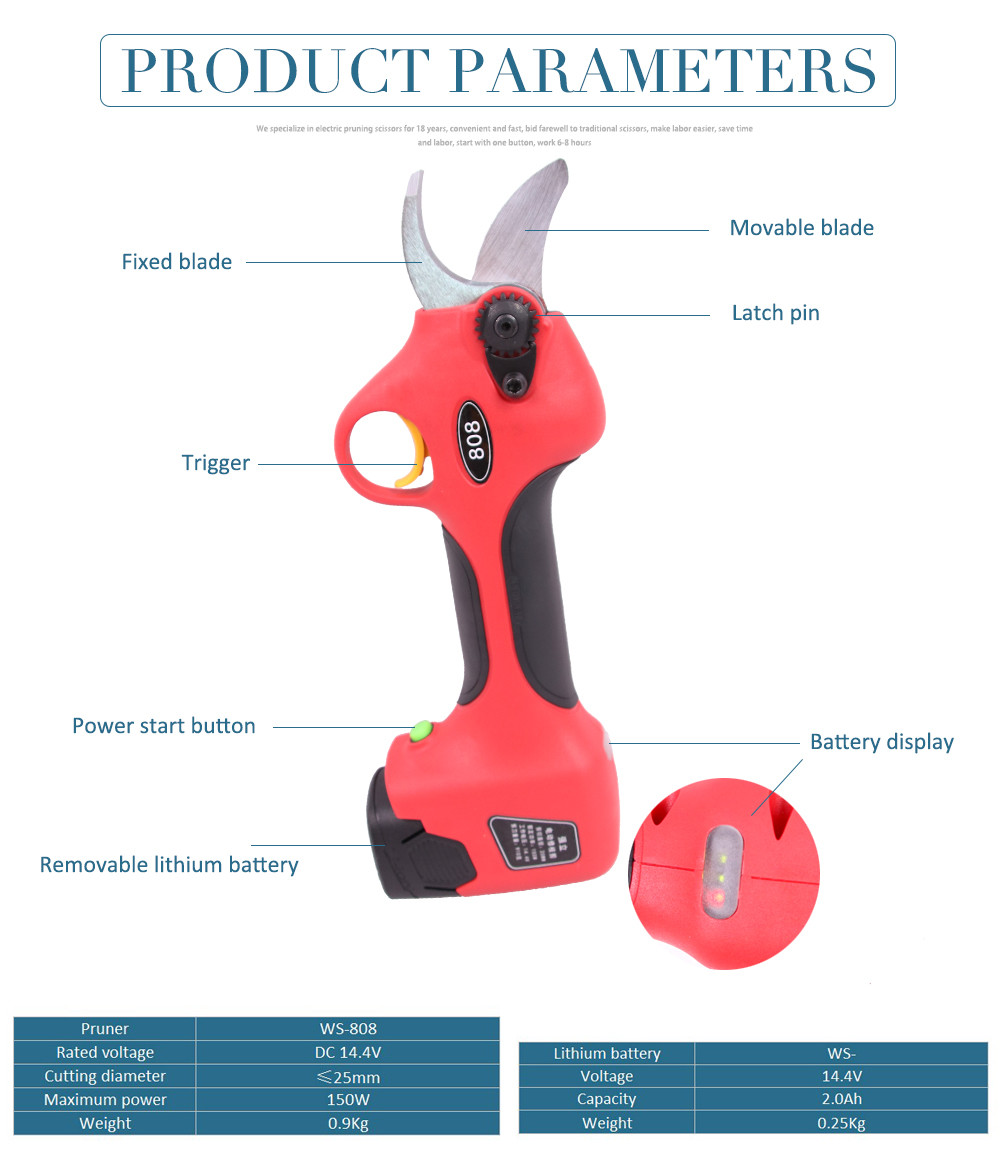 2.5CM Battery Orchard Pruer Long Time Use 14.4V Cordless Battery Powered Electric Pruners Shears Scissors for Pruning