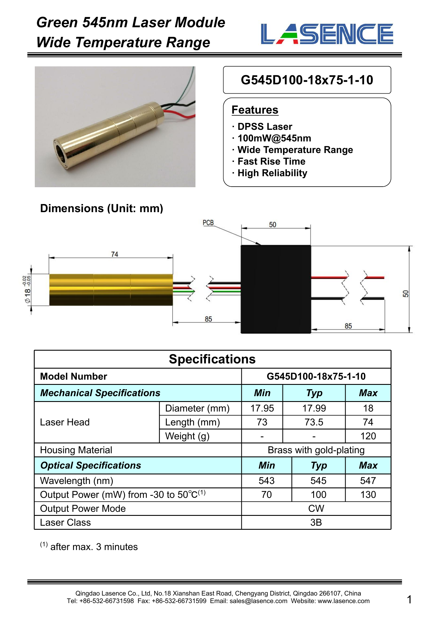 DPSS Green Laser Module with Multi-Mode Beam and Output 5mW 10mW 20mW 30mW 50mW 100mW