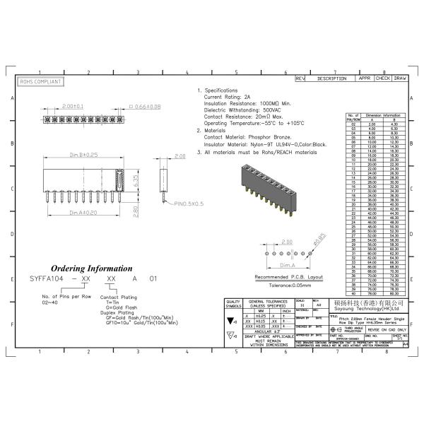 Female Header Connector 2.00mm Single Row Dip TYPE 1*2PIN To 1*40PIN H=6.35mm