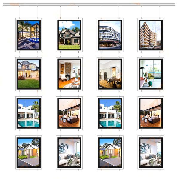 Quality A4 Acrylic Frame Cable Wire Hanging Display System Real Estate Window Display Led Light Box for sale