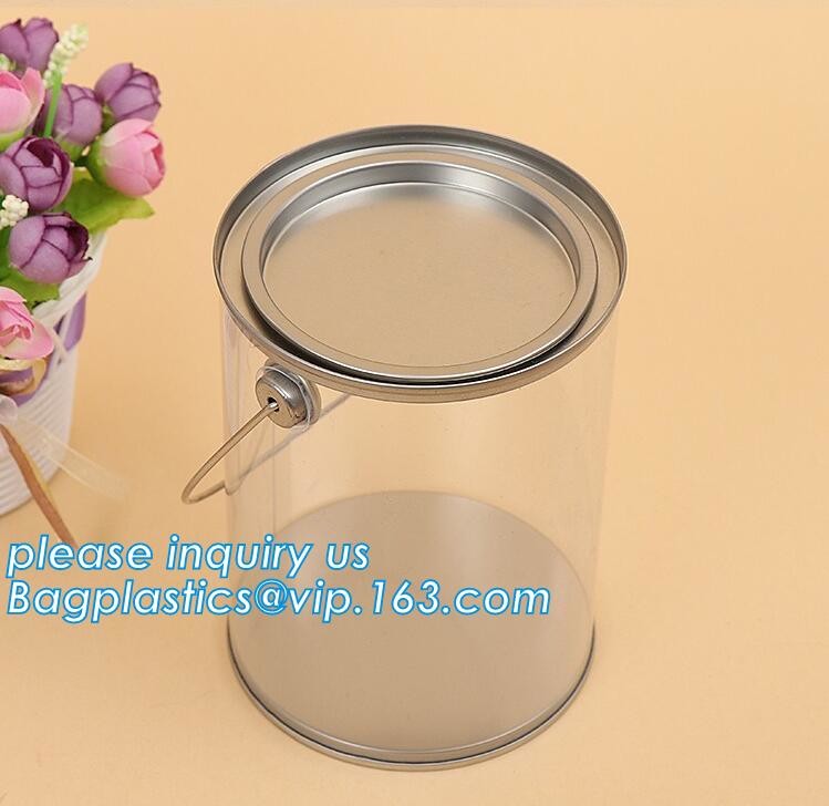 clear PVC PET can for food canning,Customized round clear paint can with tin lid,paint can with tin top & bottom and han