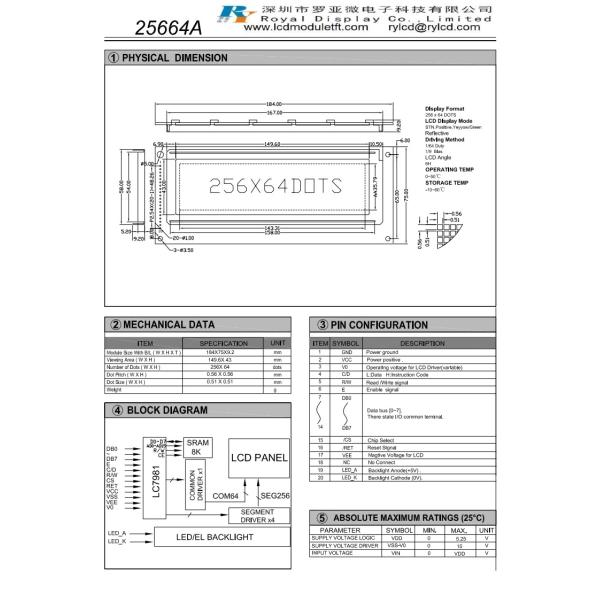 ISO STN Graphic LCD Display 5.25V Blue 256×64 Negative LCD Display