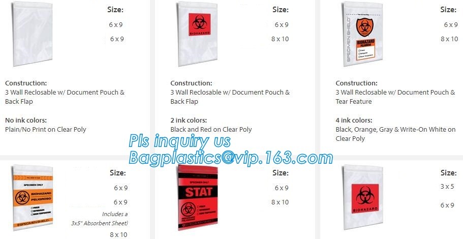 biohazard specimen Zip lockk bag with pocket, recycled custom printed ldpe 3 layers specimen bag Zip lockk bag, pac, pacrite