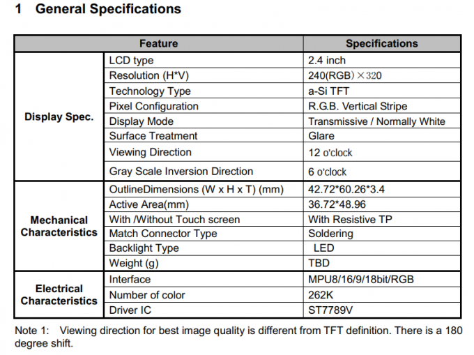 2.4 Inch TFT LCD Display with 240x320 Resolution 60 Hz Refresh Rate and 12 O'clock Viewing Direction