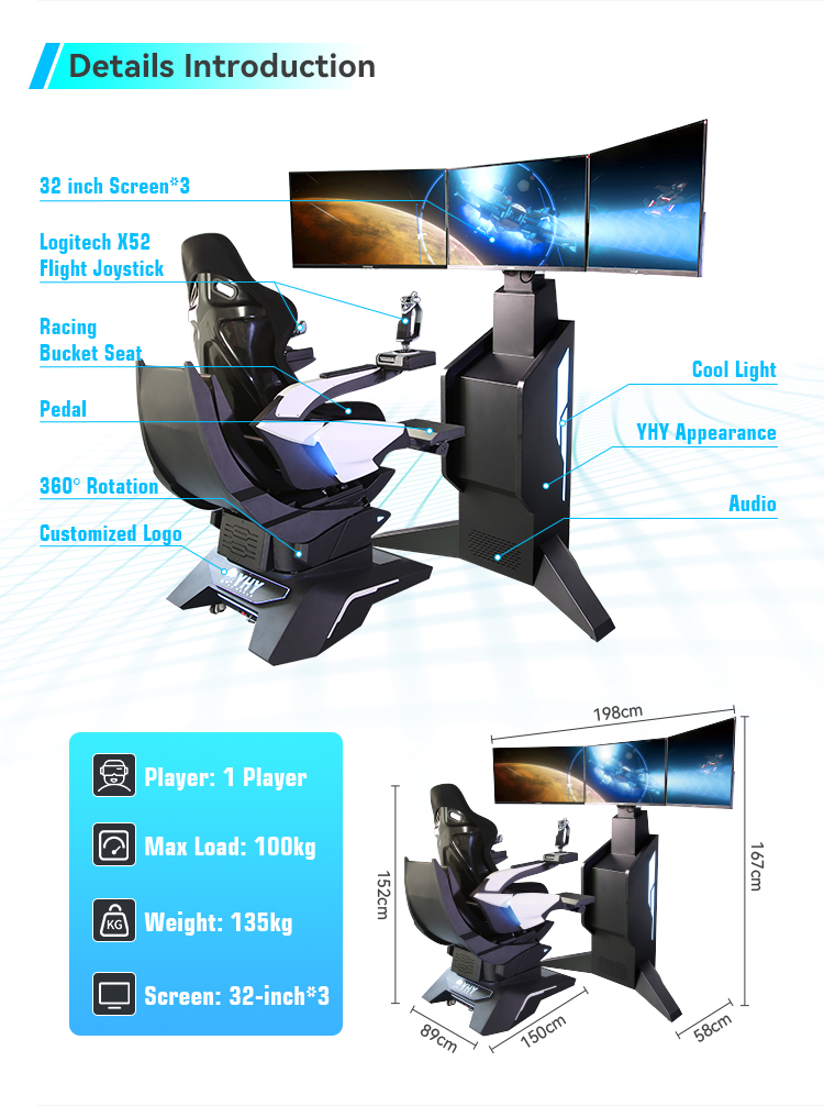 1100W VR Flight Simulators 3 Axis Dynamic Platform 360 Rotate Chair With Joystick Stick Game