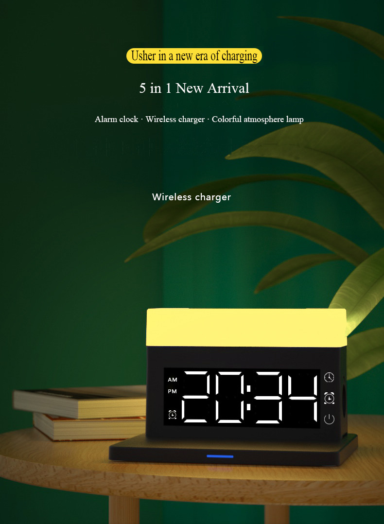 5 In 1 Digital Desk Lamp Night Light Alarm Clock Wireless Charge Wireless Phone Charge