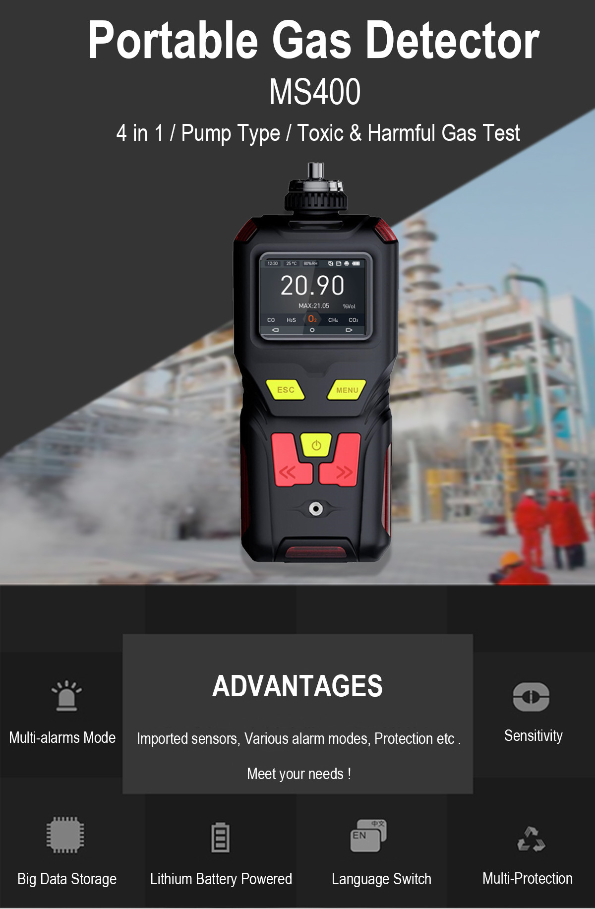 Ms400 IP65 durable Portable Single Gas Detector Carbon Monoxide Detector Alarm