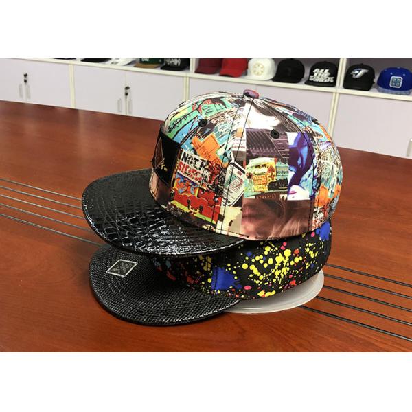 Plastic Buckle Flat Brim Snapback Hats Colorful Digital Sublimation Printed Leather Patch