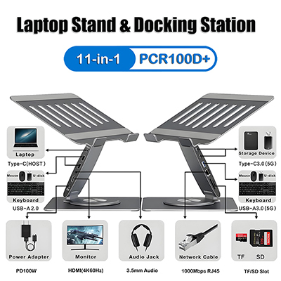 Originneo PCR100D+ Aluminum Adjustable Rotatable Laptop Hub Stand with 11-in-1 USB C Docking Station HDMI 4K@60Hz Minotor Expansion PD100W