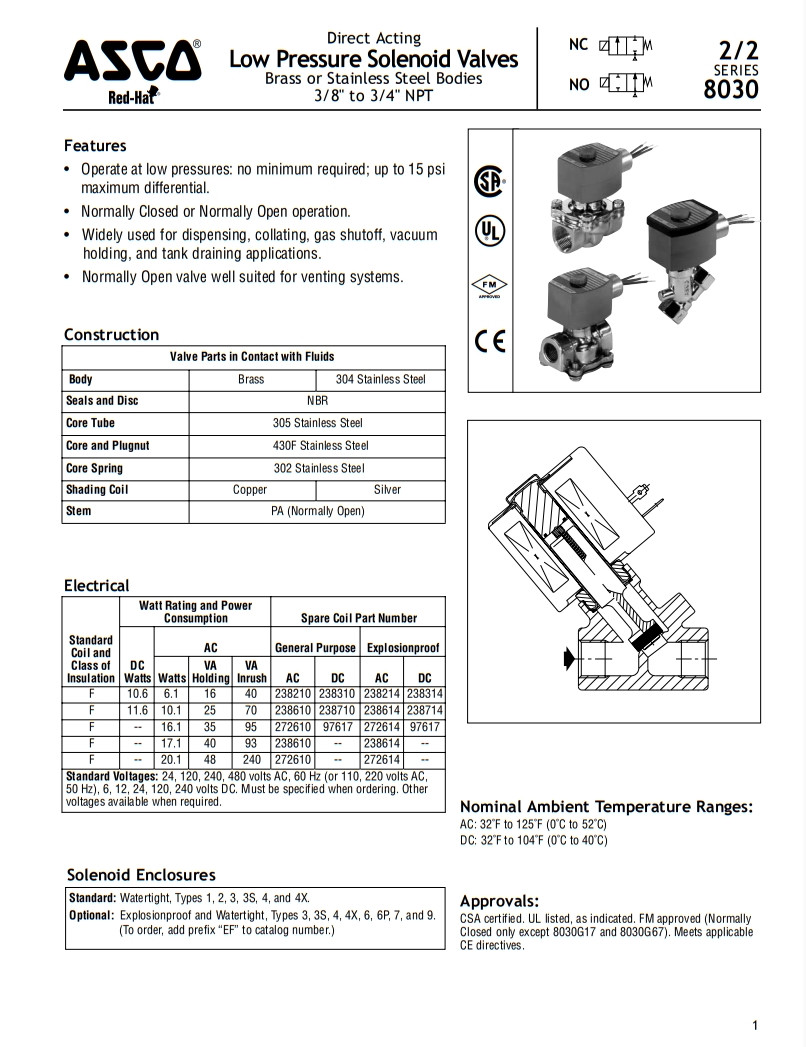 8030 Series ASCO 2 Position 2 Way Solenoid Valve Normally Open Version For Gas Venting