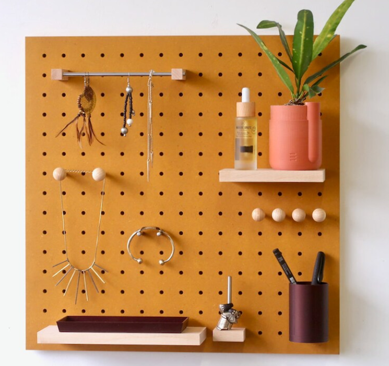 Pegboard 48x48 cm - wooden Wall Shelf - Decorative and Practical Storage - Mustard Yellow