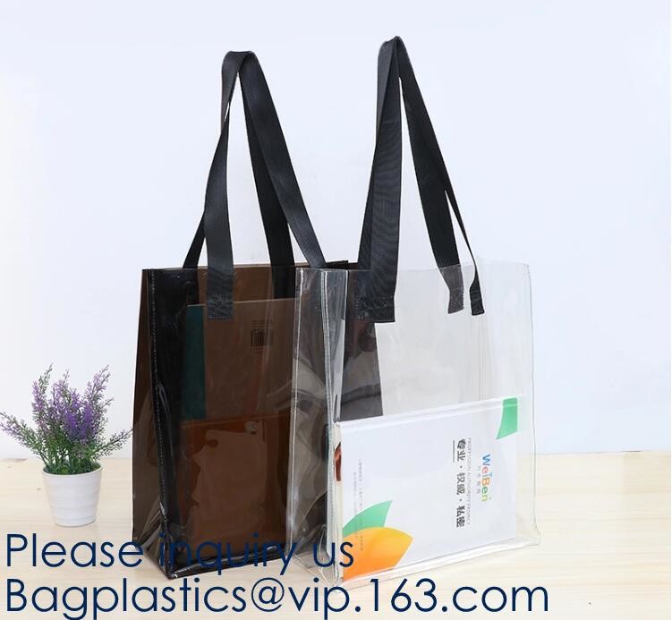 Transparent PVC Blanket Bag/Plastic Shopping Bag/Packaging Bag With Black Woven Trim And Webbing Handle, bagease, packag