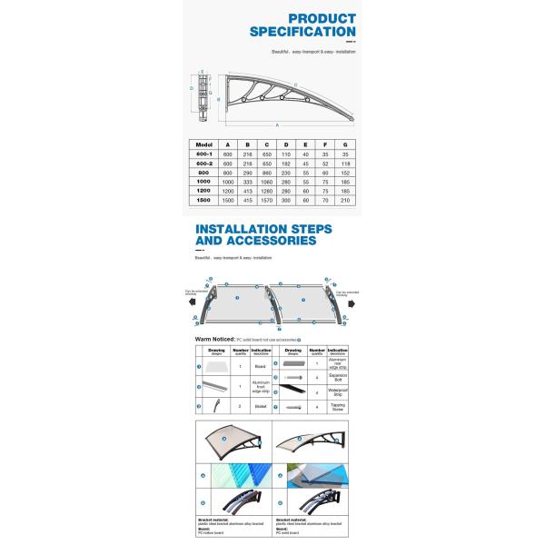 Anti UV 800*1200mm Polycarbonate Porch Canopy