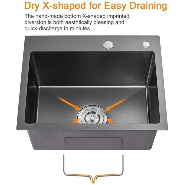 Luxury Single Bowl Matte Black 304 Stainless Steel Topmount Handmade Kitchen Sink