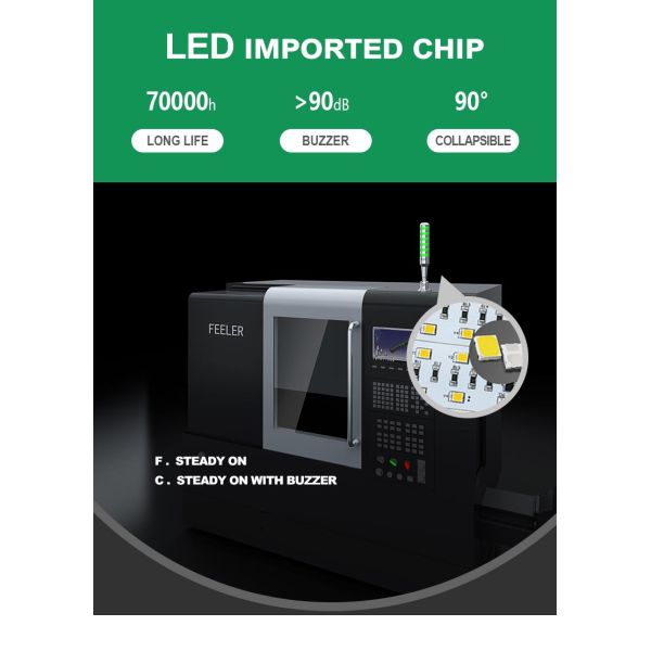 90° Foldable Base LED Tower Lamp with Built-in 90dB Buzzer and IP54 Waterproof Aluminum Housing for CNC Machine Status Indicator