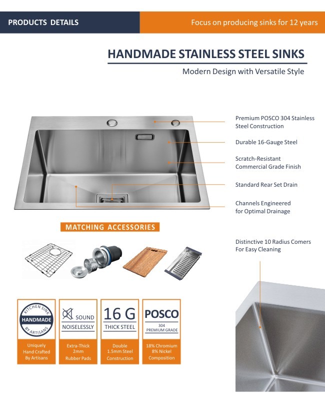 16 Gauge Drainboard Kitchen Sink , 350mm Top Mount Apron Front Sink