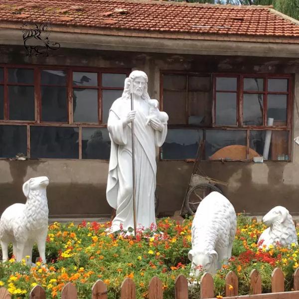 Quality White Marble Jesus Good Shepherd Statue Life Size Christian Religious Jesus Stone Sculpture With Lamb Outdoor Church for sale