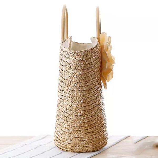 Natural Straw Crochet Hand Bag Brown , Crochet Bag With Wooden Handles OEM