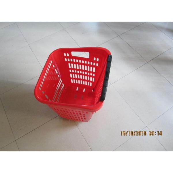 Red Plastic Rolling Basket Cart For Supermarket / Vegetable Shopping Basket