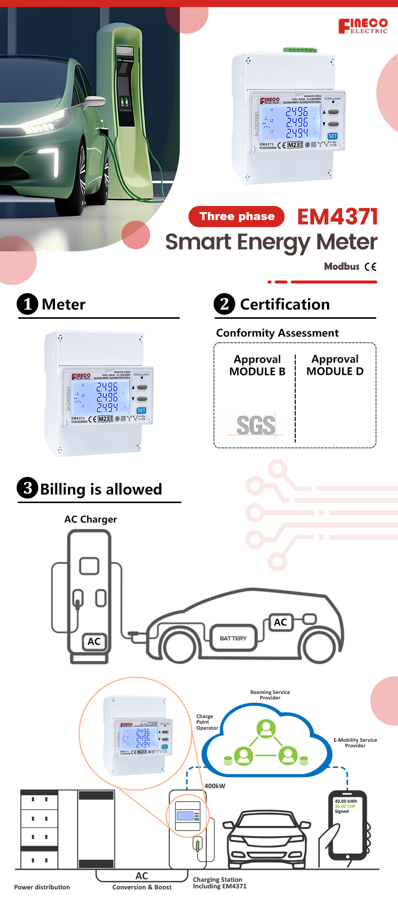 MID Approved EM4371 3*1.5 6 A Solar Bi-Directional Energy Meter with LCD Display