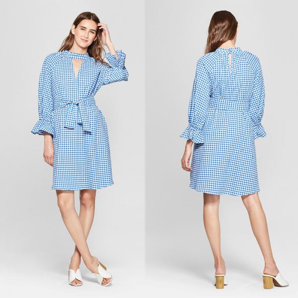 Quality 2018 New Design Ladies Long Blouson Sleeve Blue and White Gingham Dress with Belt for sale
