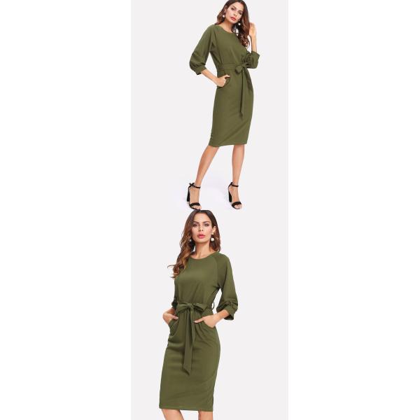 Women Pencil Work Dress Spandex Polyester Anti Wrinkle Breathable Round Neck Three Quarter Sleeve Office