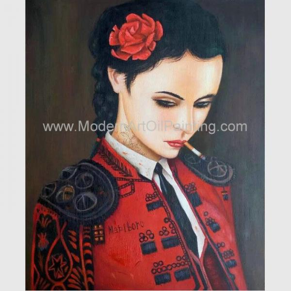 Quality Human Figure Painting Oil Painting Canvas / Smoking Woman In Red Painting for sale