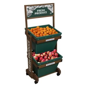 China 2 Layers Display Vegetable Rack For Shop Wooden Fruit Display Stand With Removable Basket wholesale