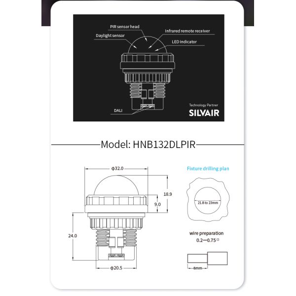 Zhaga Book20 Based SILVAIR Bluetooth Mesh PIR motion sensor, DALI-2 D4i output, self-contained "application controller"