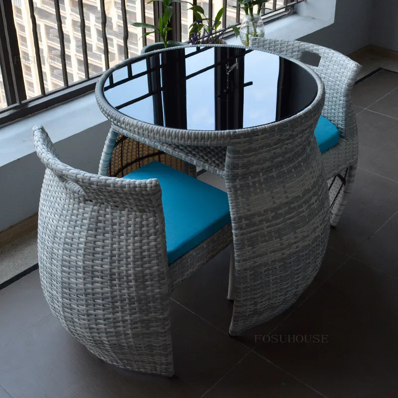 Balcony Small Table Chair Combination in Simple Style with Optional Red Rattan Color