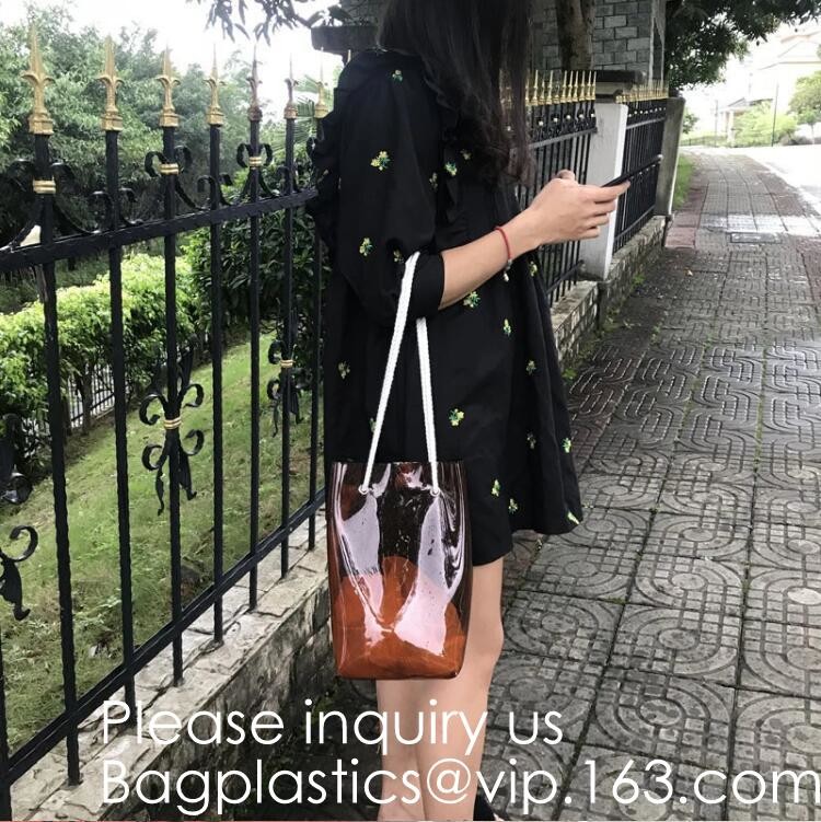 Transparent PVC Blanket Bag/Plastic Shopping Bag/Packaging Bag With Black Woven Trim And Webbing Handle, bagease, packag