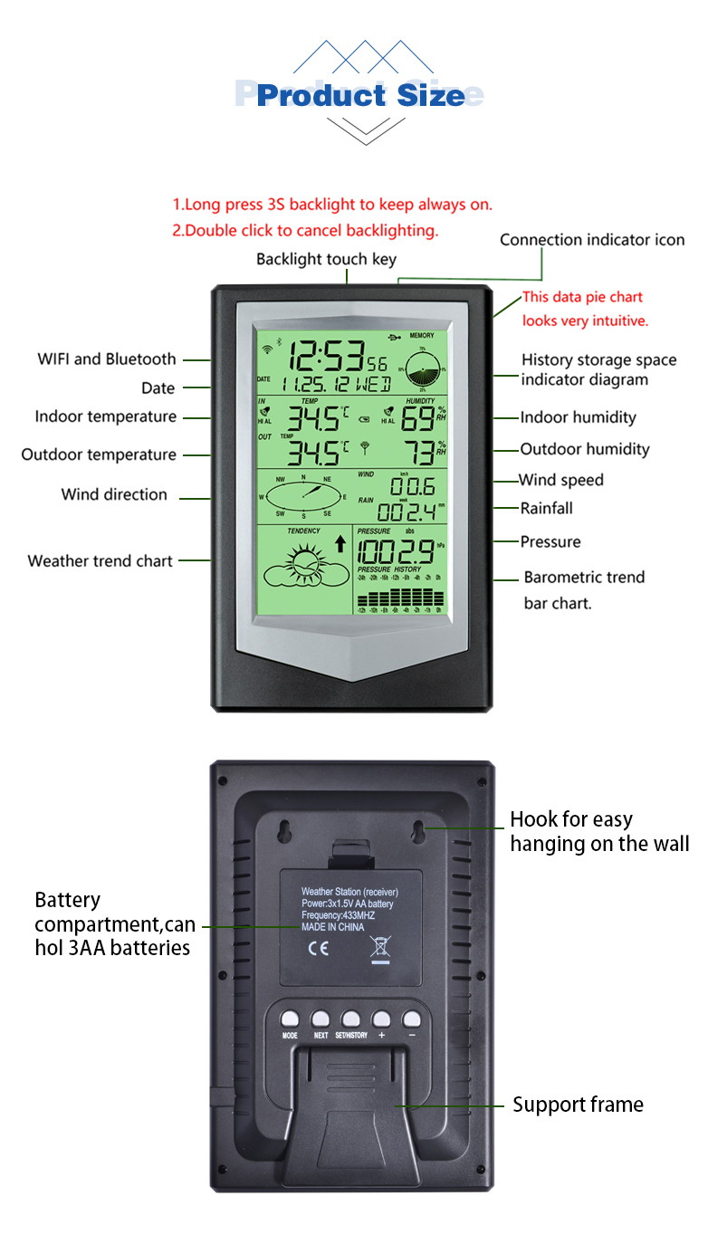 Temperature Sensor Rain Gauge Weather Station For Indoor And Outdoor -40 To 60 ° C Range